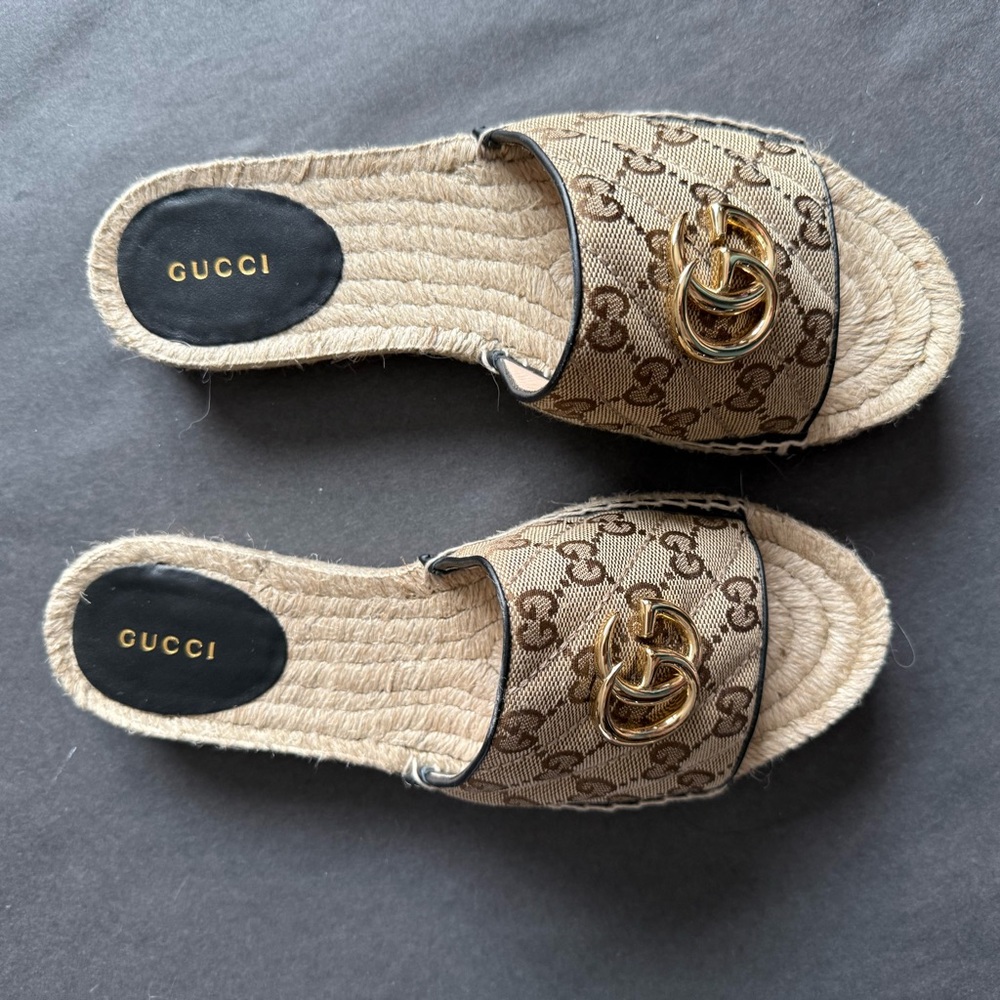 Gucci Tan Espadrilles with Gold Accents